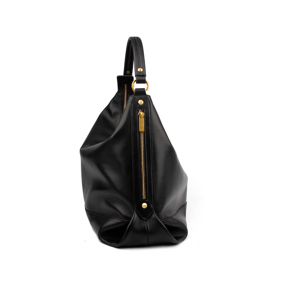Oversized black hobo bag with relaxed crescent silhouette and zip closure