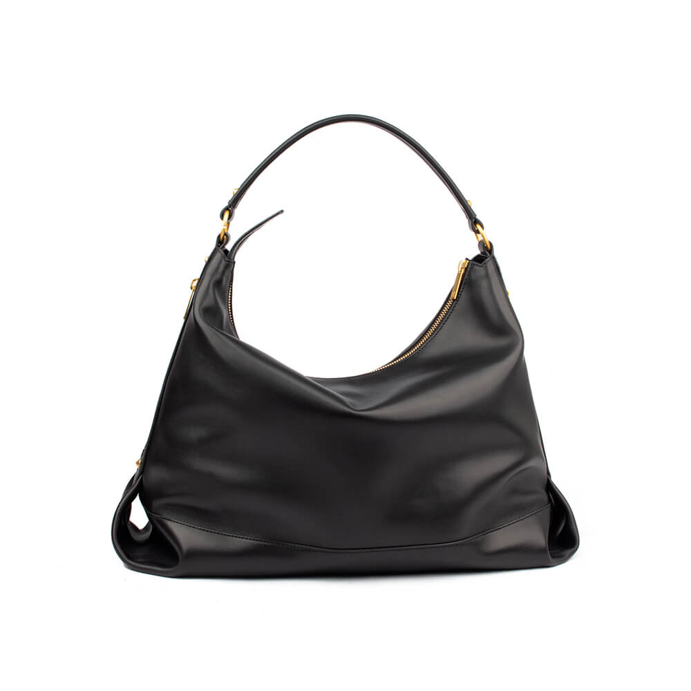 Noir gold leather shoulder bag with signature logo at base and gold hardware