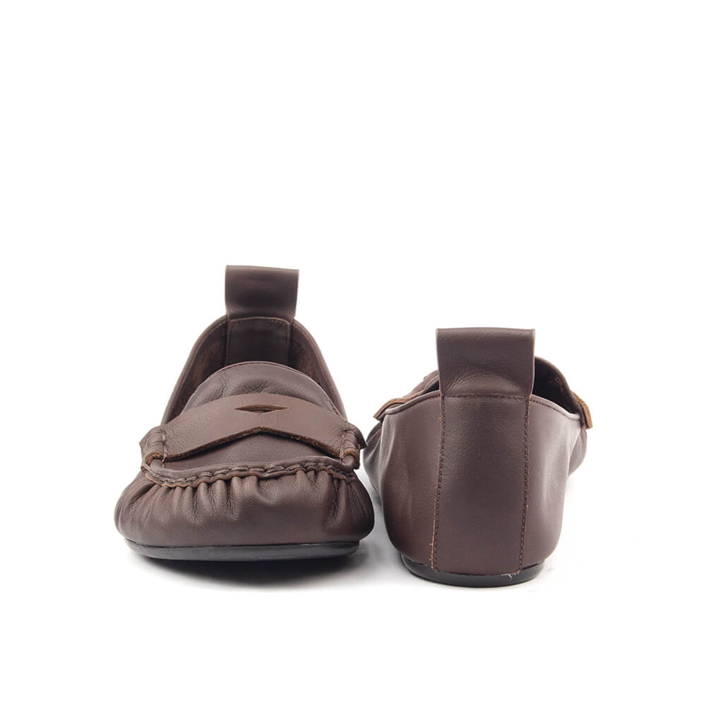 Brown women's flat loafer with penny strap detail