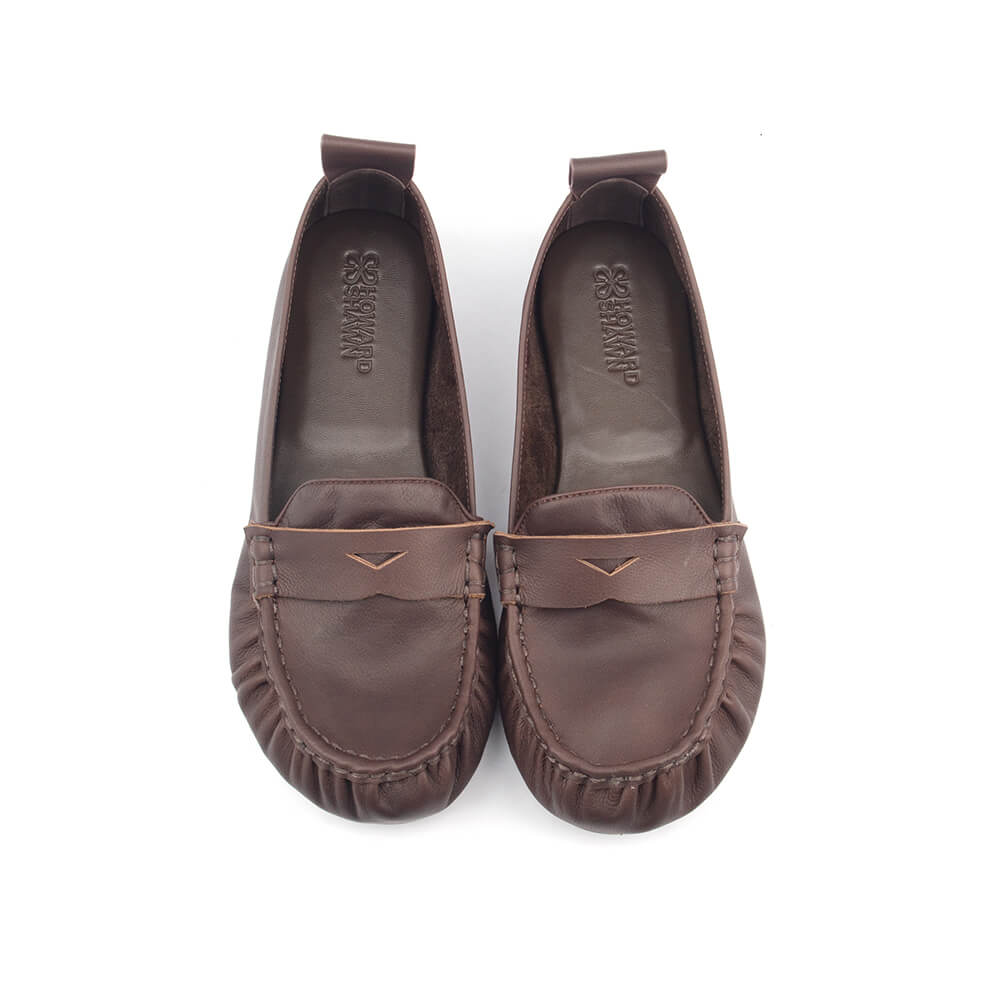 Ruched toe brown leather slip-on flat shoes