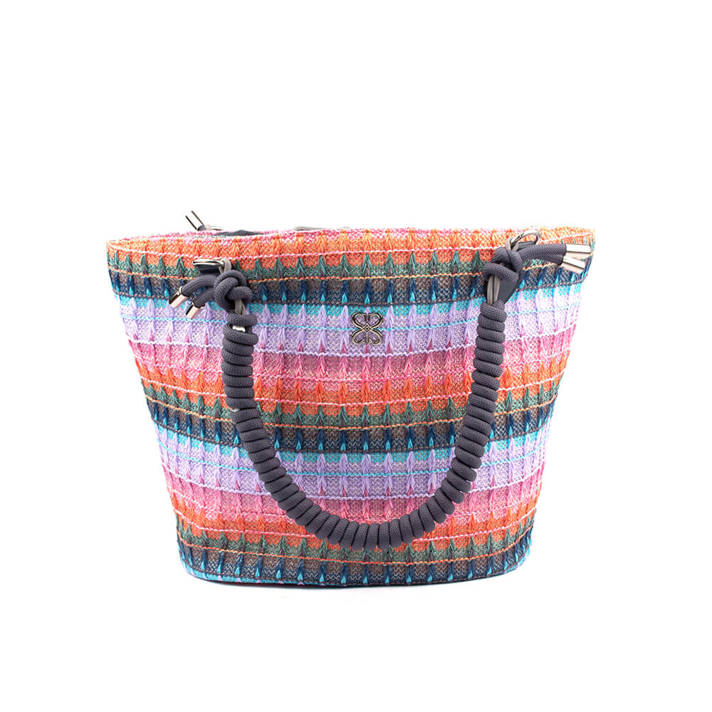 Multicolor woven tote bag with braided rope handles in pink orange and lavender