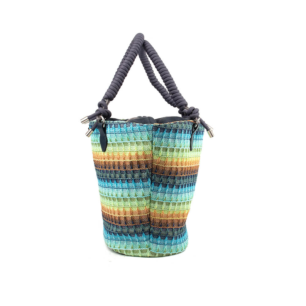 Bohemian striped woven handbag with dark rope handles for women