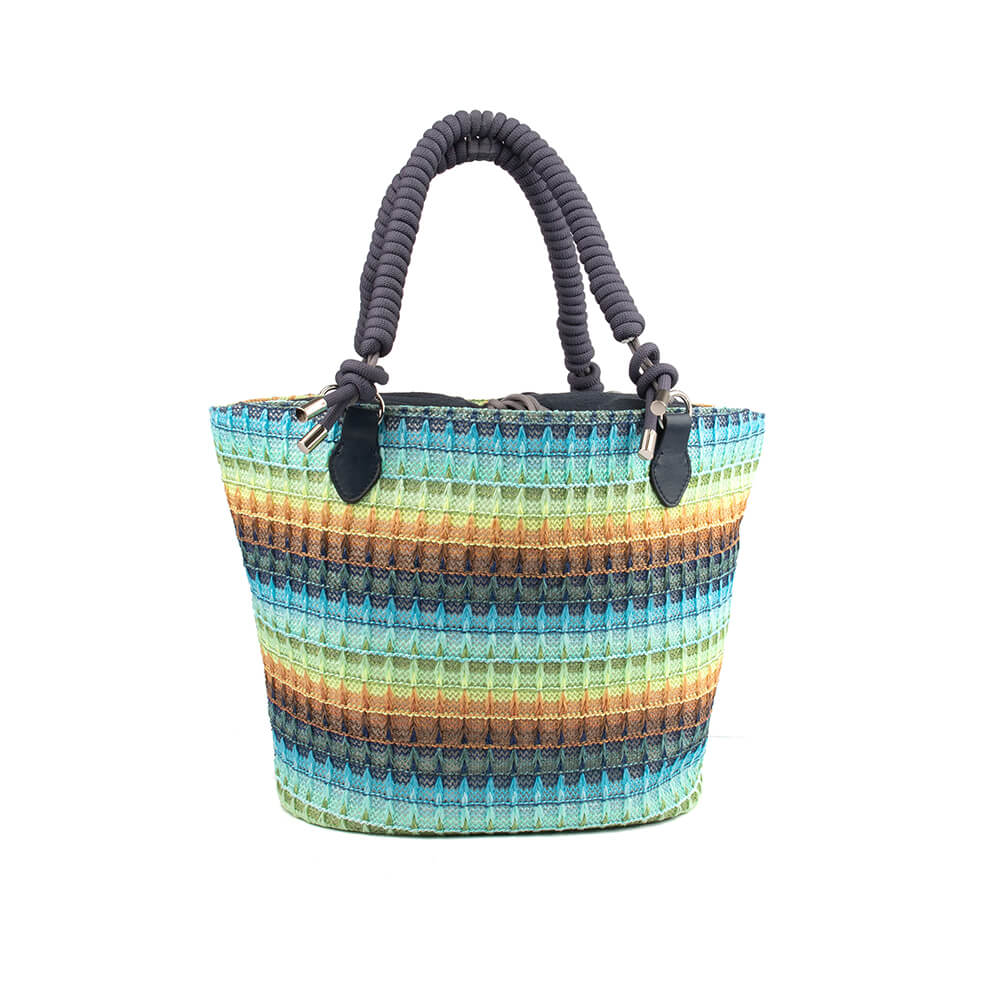 Boho chic woven tote bag in teal green orange stripe pattern