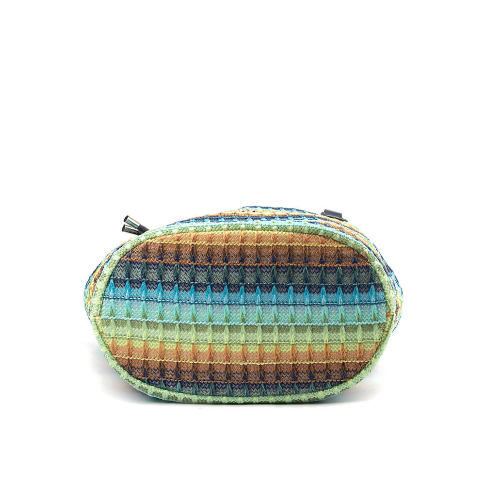 Summer beach tote bag with colorful woven body and rope handles