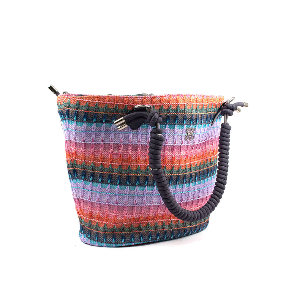 Bohemian striped knit handbag with dark macrame handles in pink purple orange
