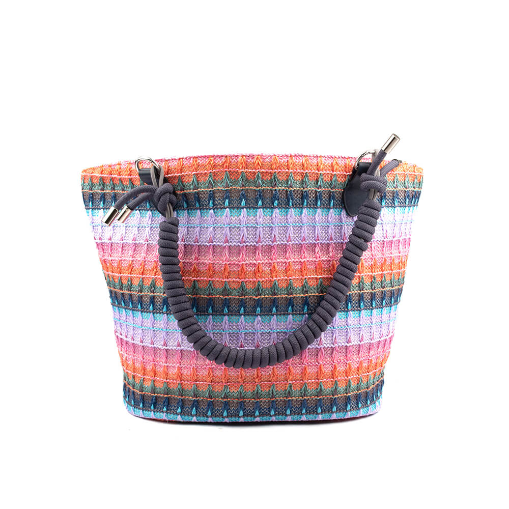 Large woven multicolor shoulder bag in pink orange teal lavender stripe pattern