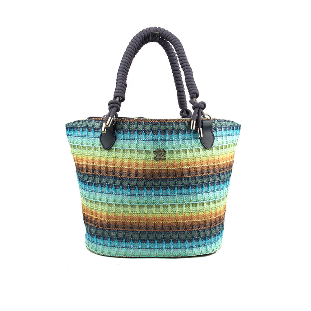 Multicolor woven tote bag with braided rope handles and leather trim