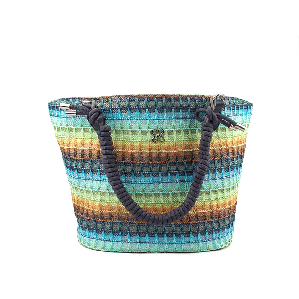 Rainbow ombre woven fabric tote bag with braided handles and gold hardware