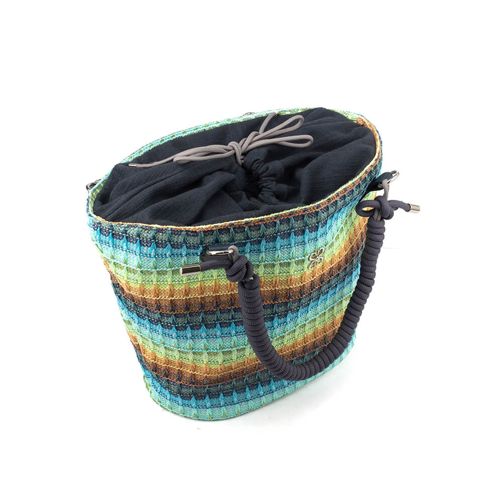 Women's colorful knit pattern tote bag with twisted rope handles