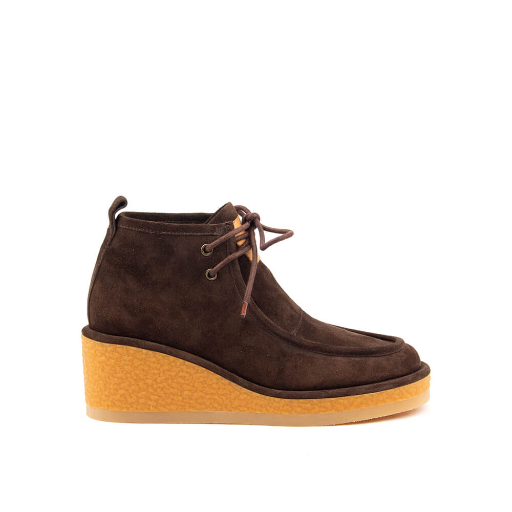 Chocolate brown lace-up wedge booties women side view