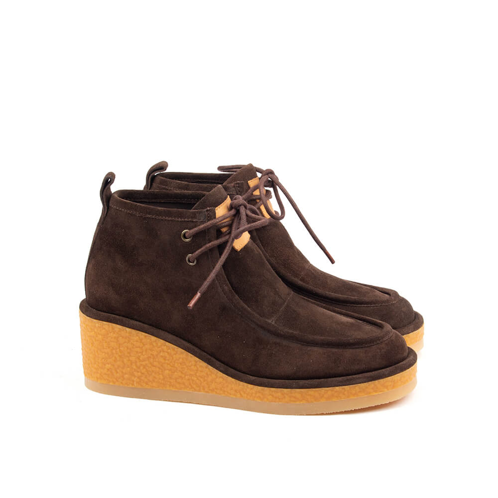 Women's dark brown suede wedge ankle boots pair