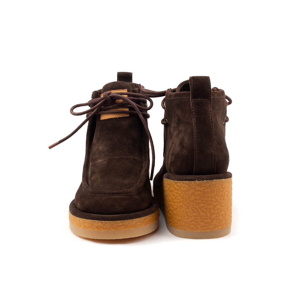 Women's espresso suede chukka wedge boots white background