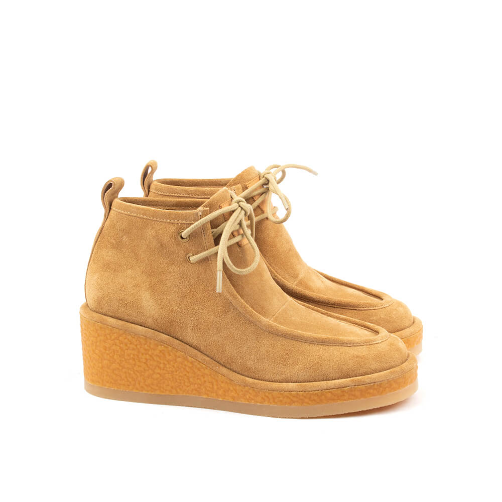 Camel suede lace-up wedge booties women side view