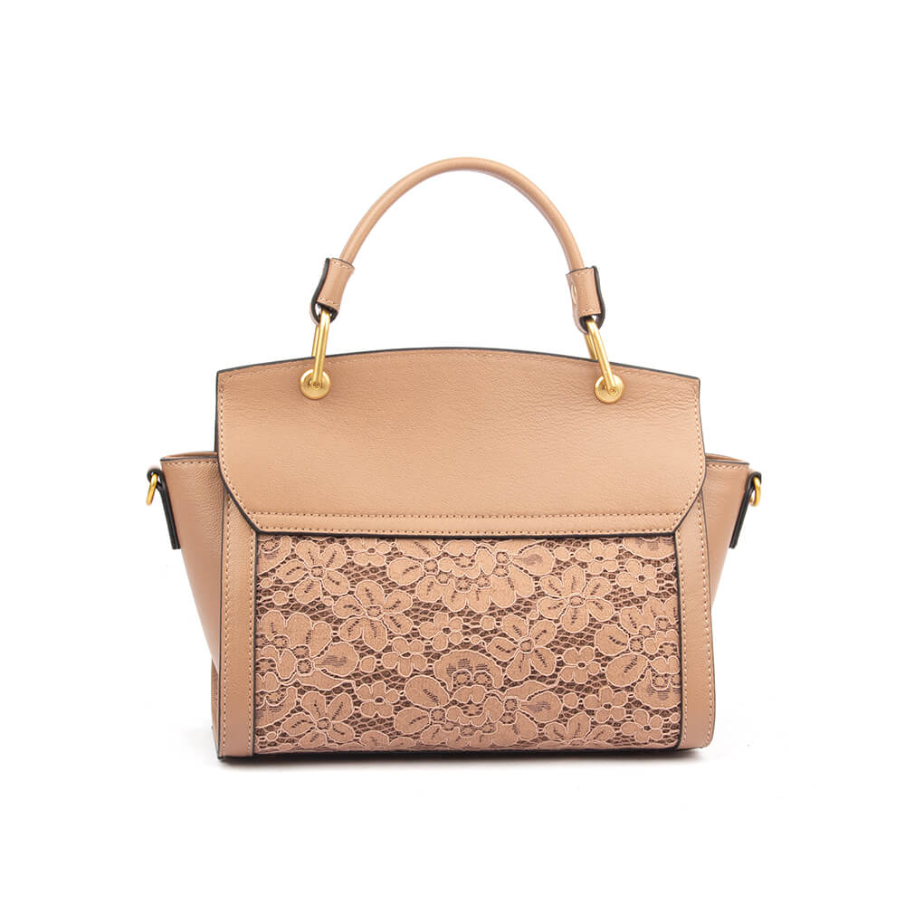 Warm taupe leather satchel with flap closure and removable crossbody strap