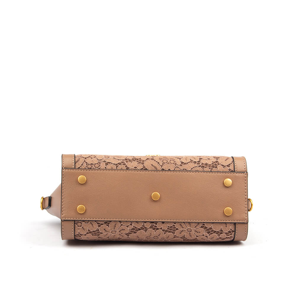 Women's feminine satchel bag with lace detail and gold turn-lock in beige