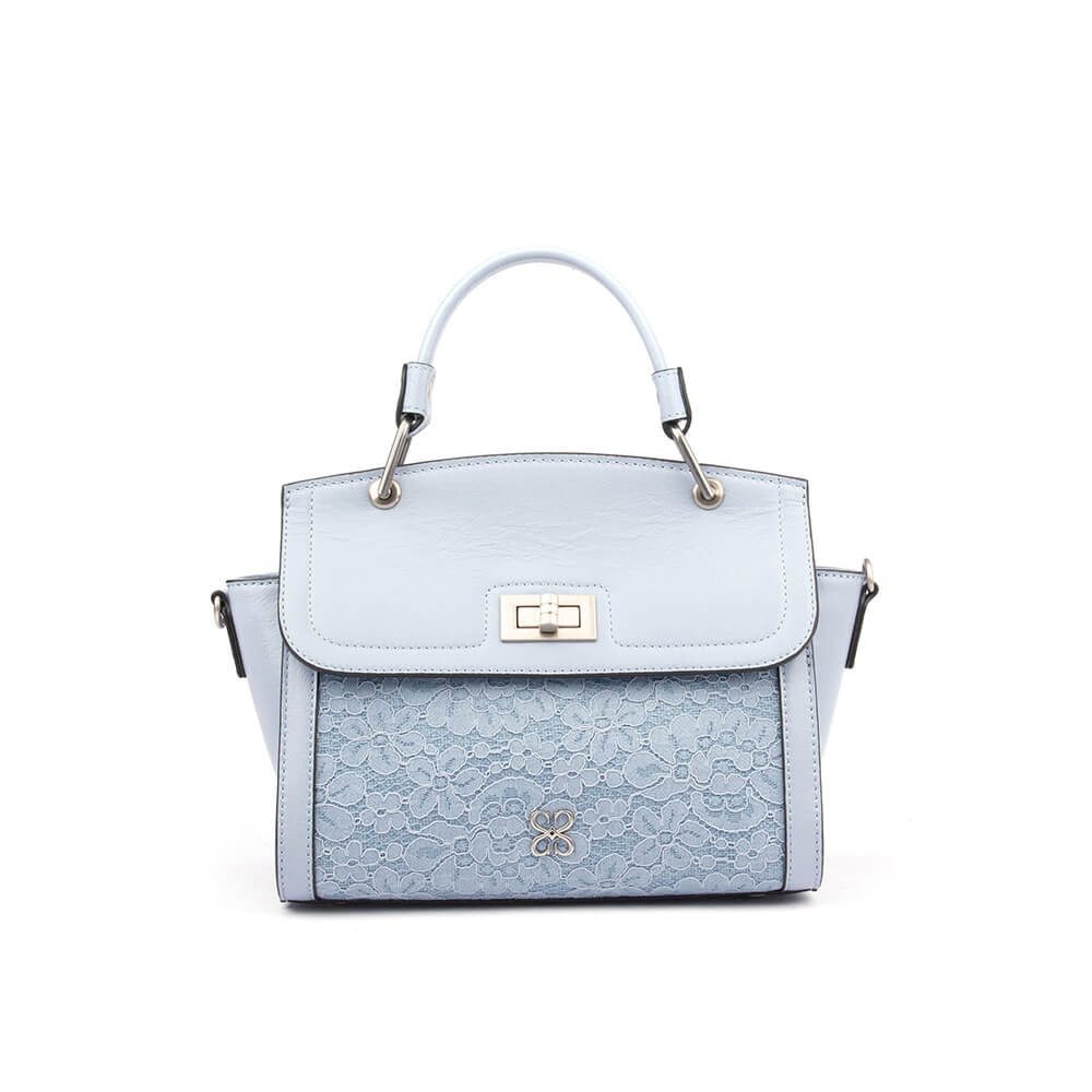 Leather and lace satchel bag in powder blue with gold turn-lock hardware