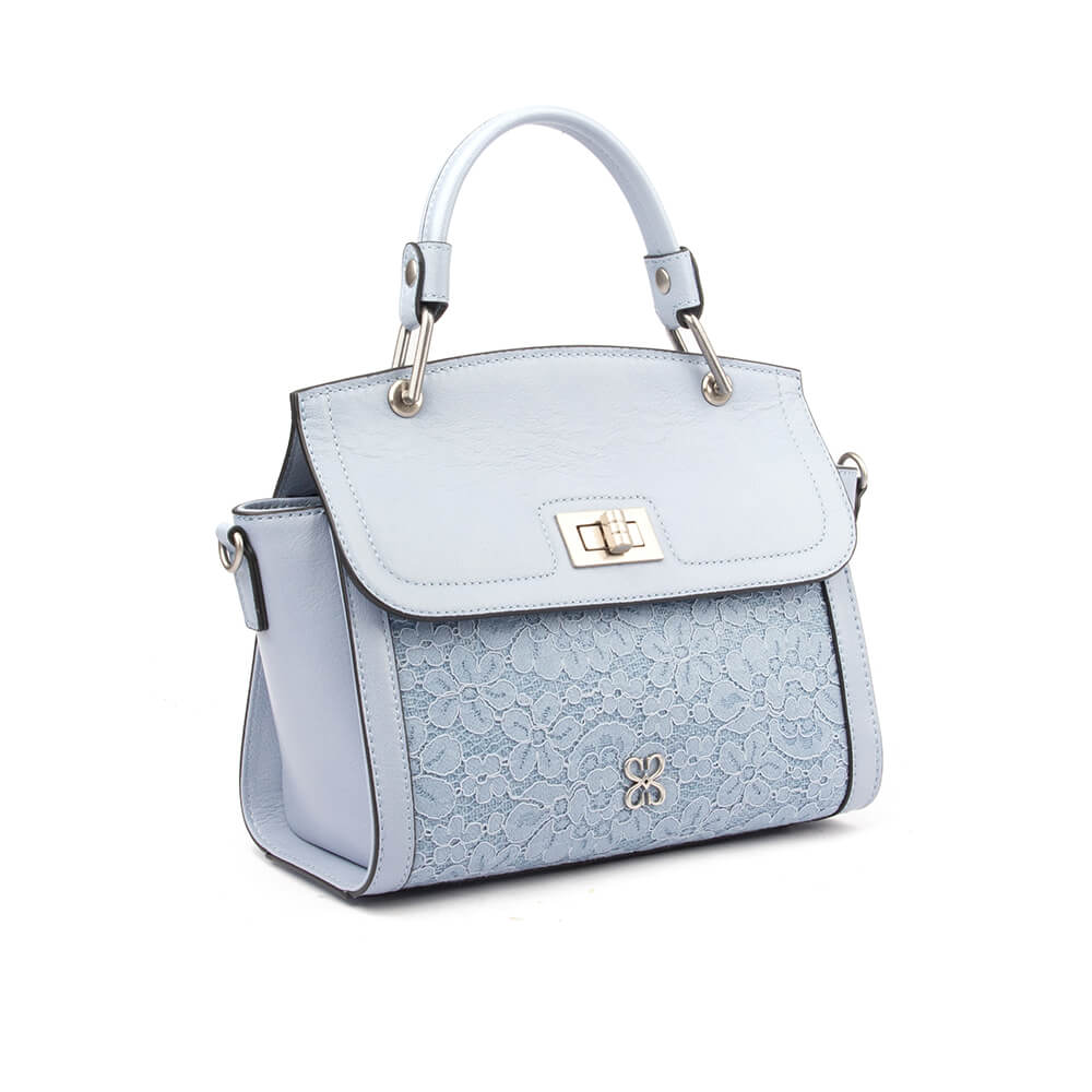 Women's light blue pebbled leather satchel with floral lace front panel