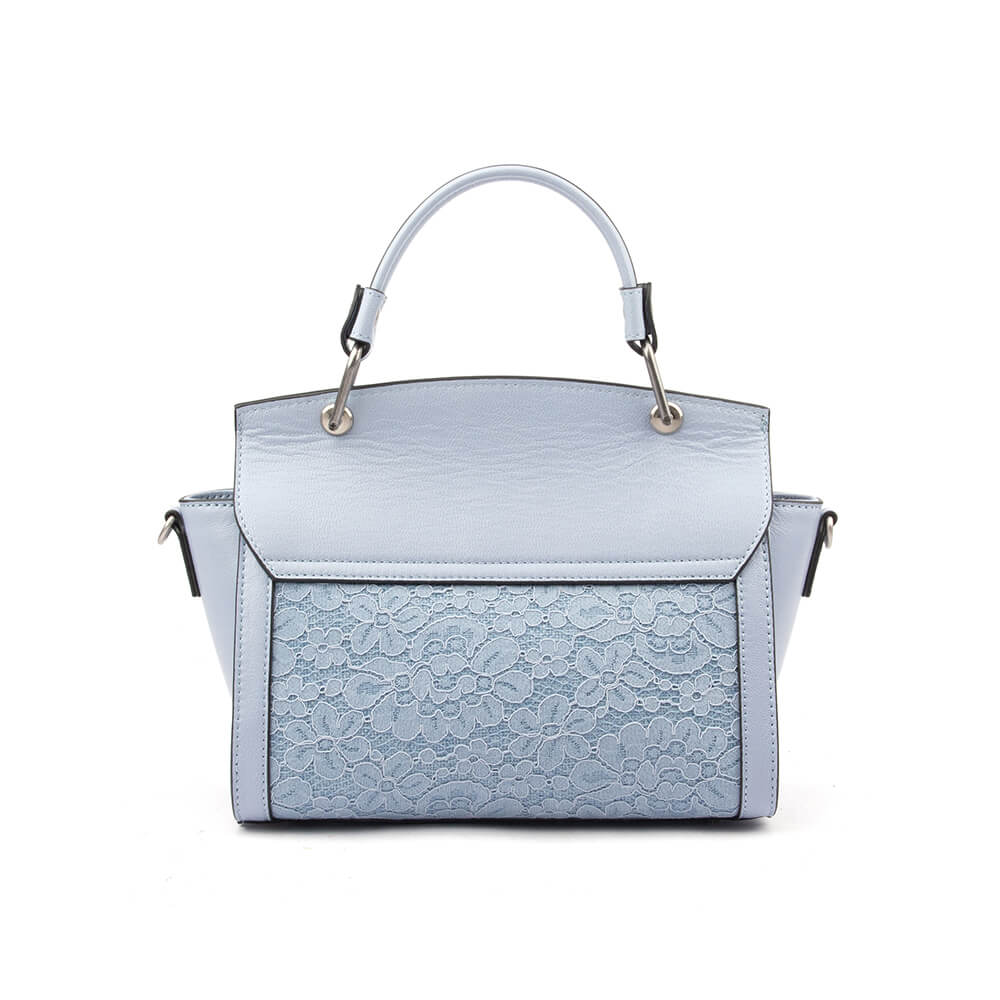 Women's soft blue structured satchel with flap closure and logo emblem