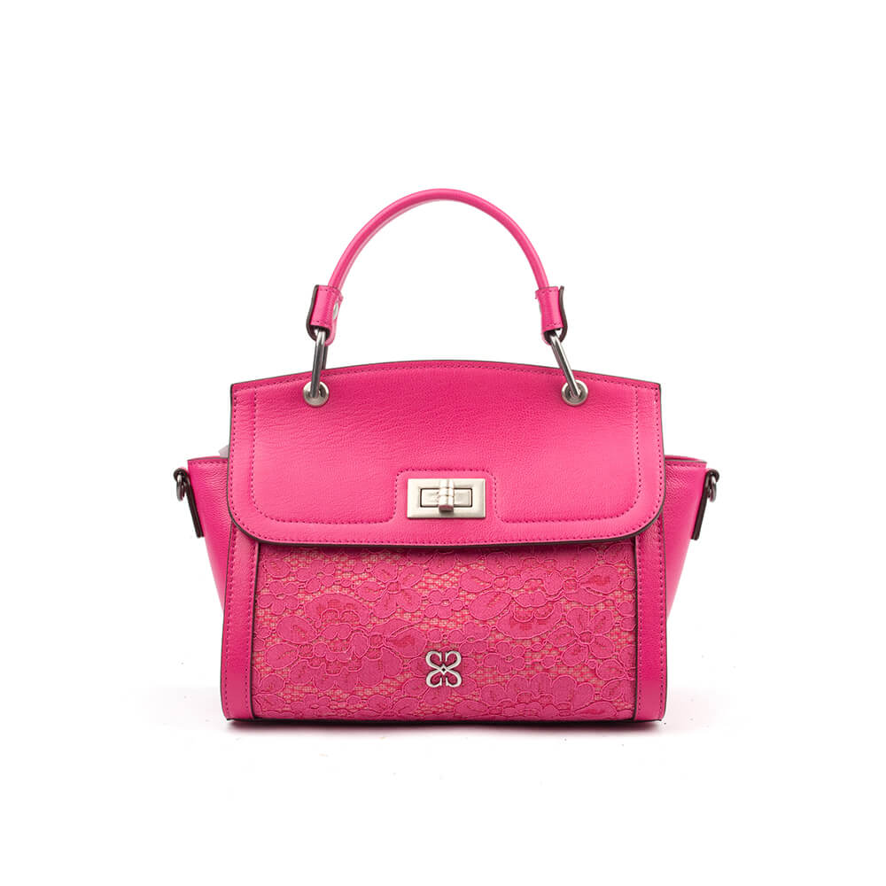 Leather and lace satchel bag in fuchsia rose with silver turn-lock closure