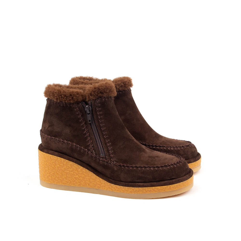 Fur trim zip-up wedge booties women side view