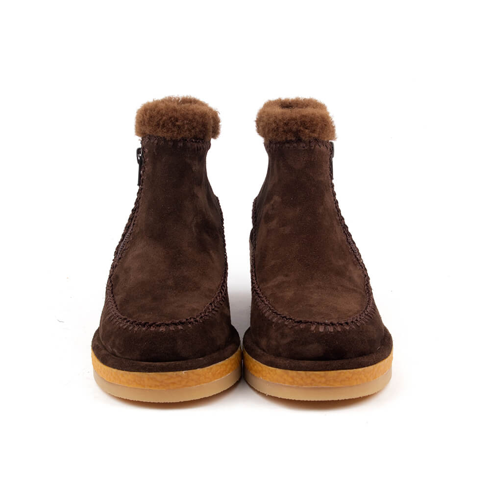 Dark suede shearling collar ankle boots women crepe wedge sole