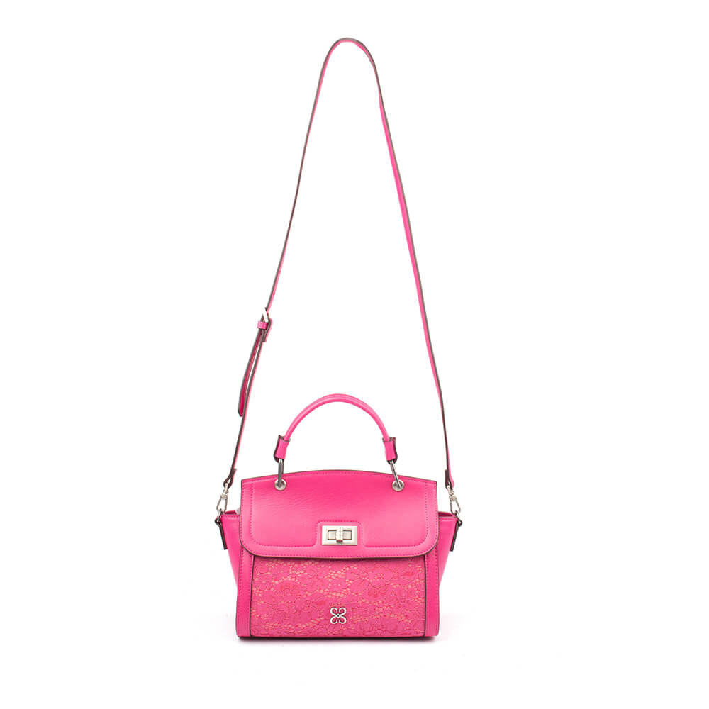 Fuchsia rose leather satchel with floral lace overlay and silver turn-lock