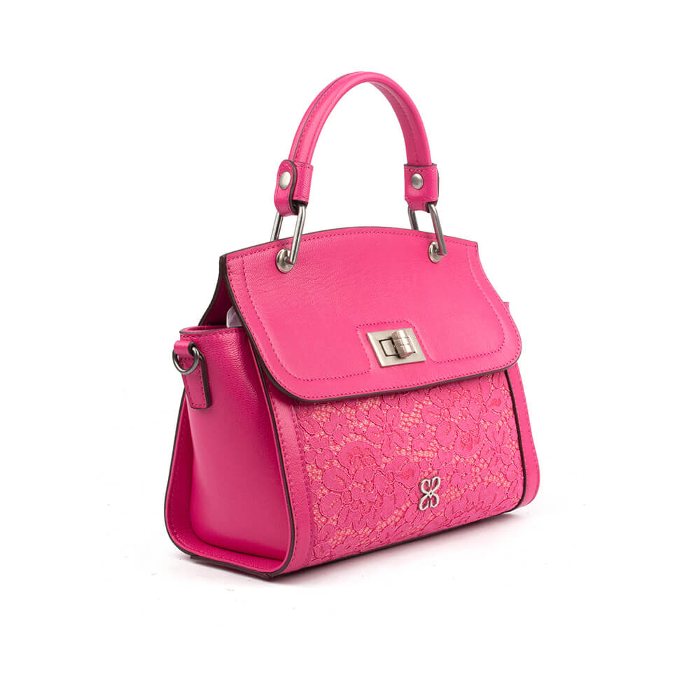 Women's hot pink pebbled leather satchel with floral lace front pocket