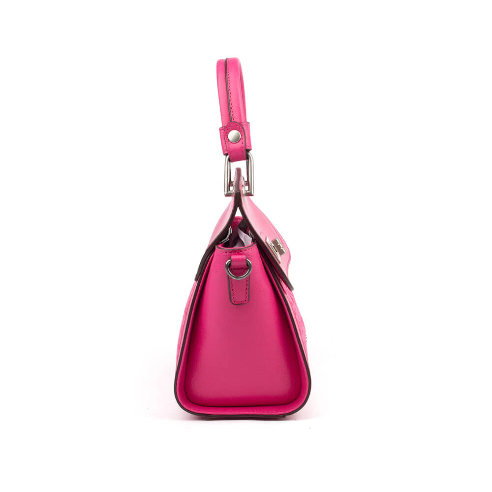 Fuchsia pink top handle bag with lace overlay and silver hardware detail