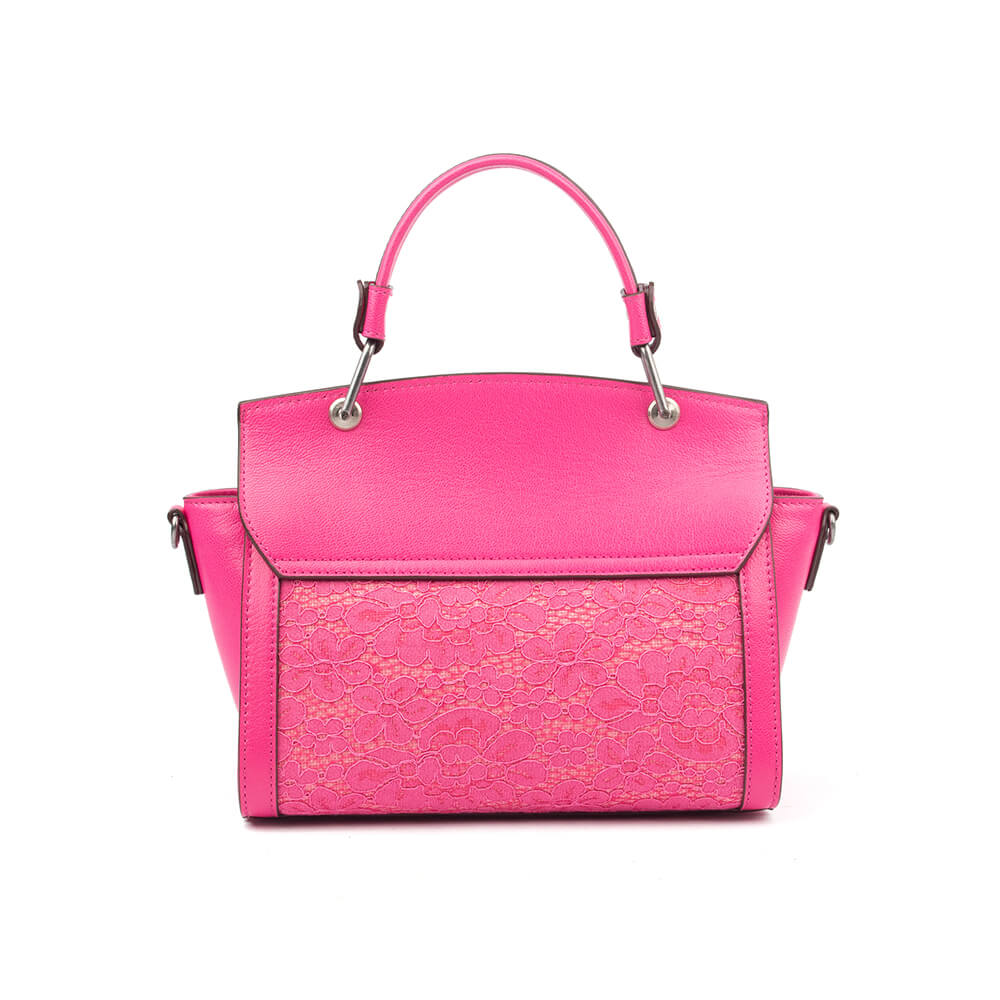 Women's structured pink satchel with flap closure and logo emblem