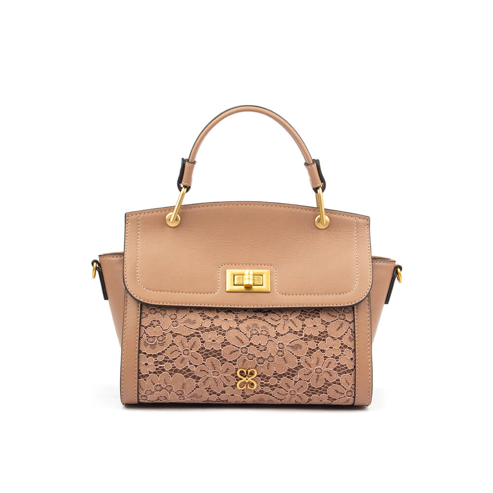 Leather and lace flap satchel bag in warm taupe with gold turn-lock closure