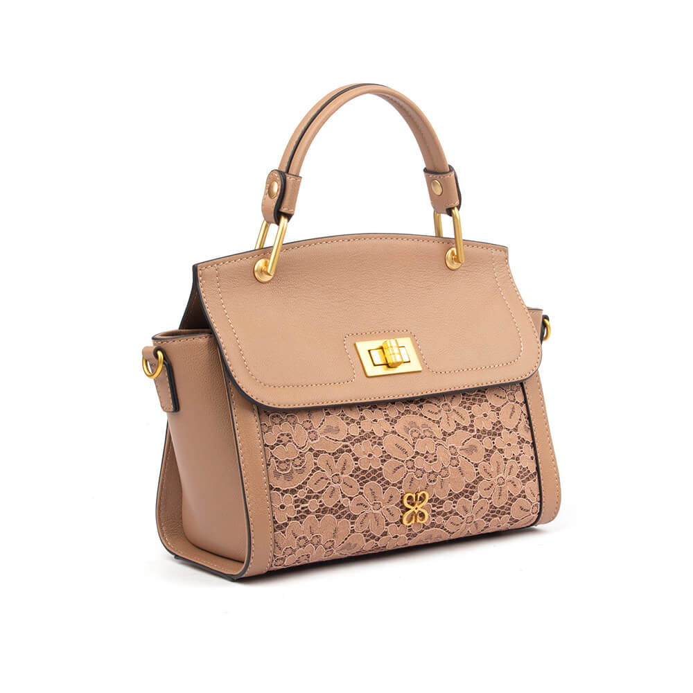 Women's pebbled leather satchel with floral lace overlay and gold hardware