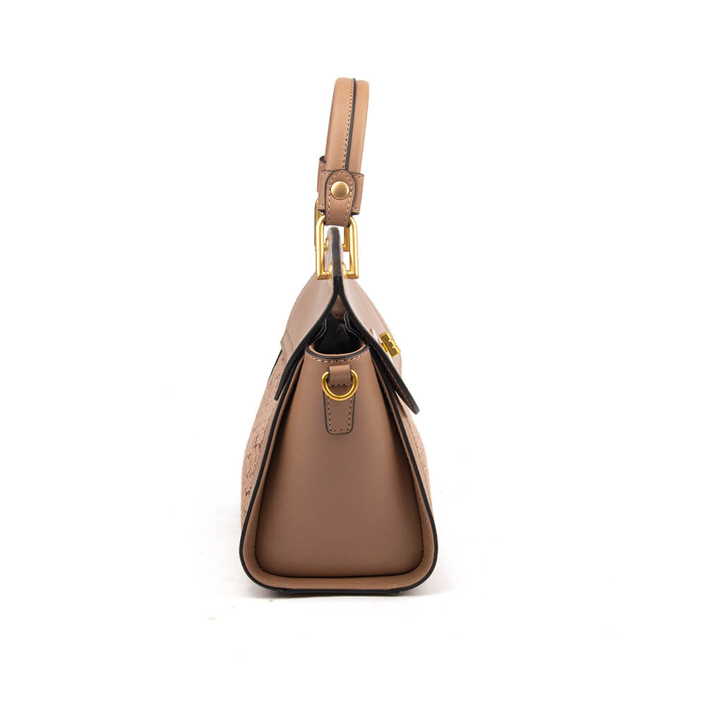 Structured top handle bag in taupe leather with lace front pocket and logo emblem