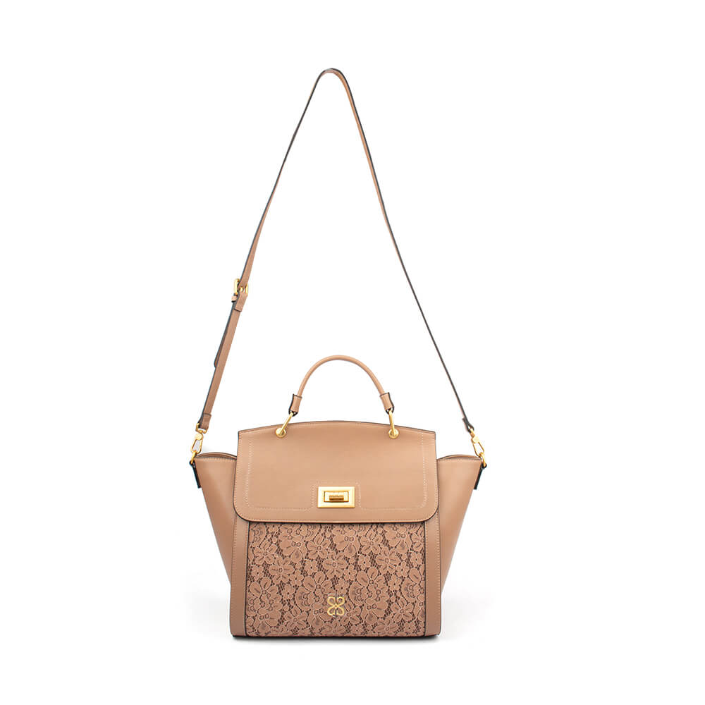 Warm sand leather tote with flap closure and removable crossbody strap