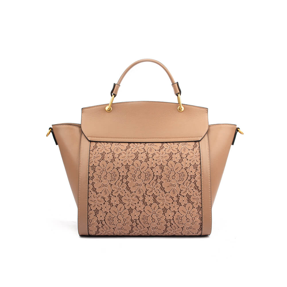 Structured winged leather bag with floral lace pocket and D-ring handle hardware