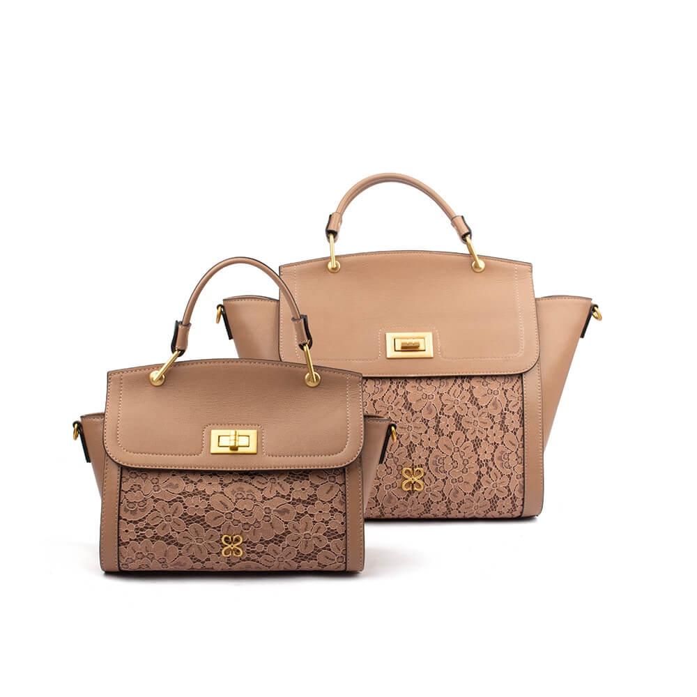 Taupe pebbled leather large tote with signature logo emblem and gold hardware