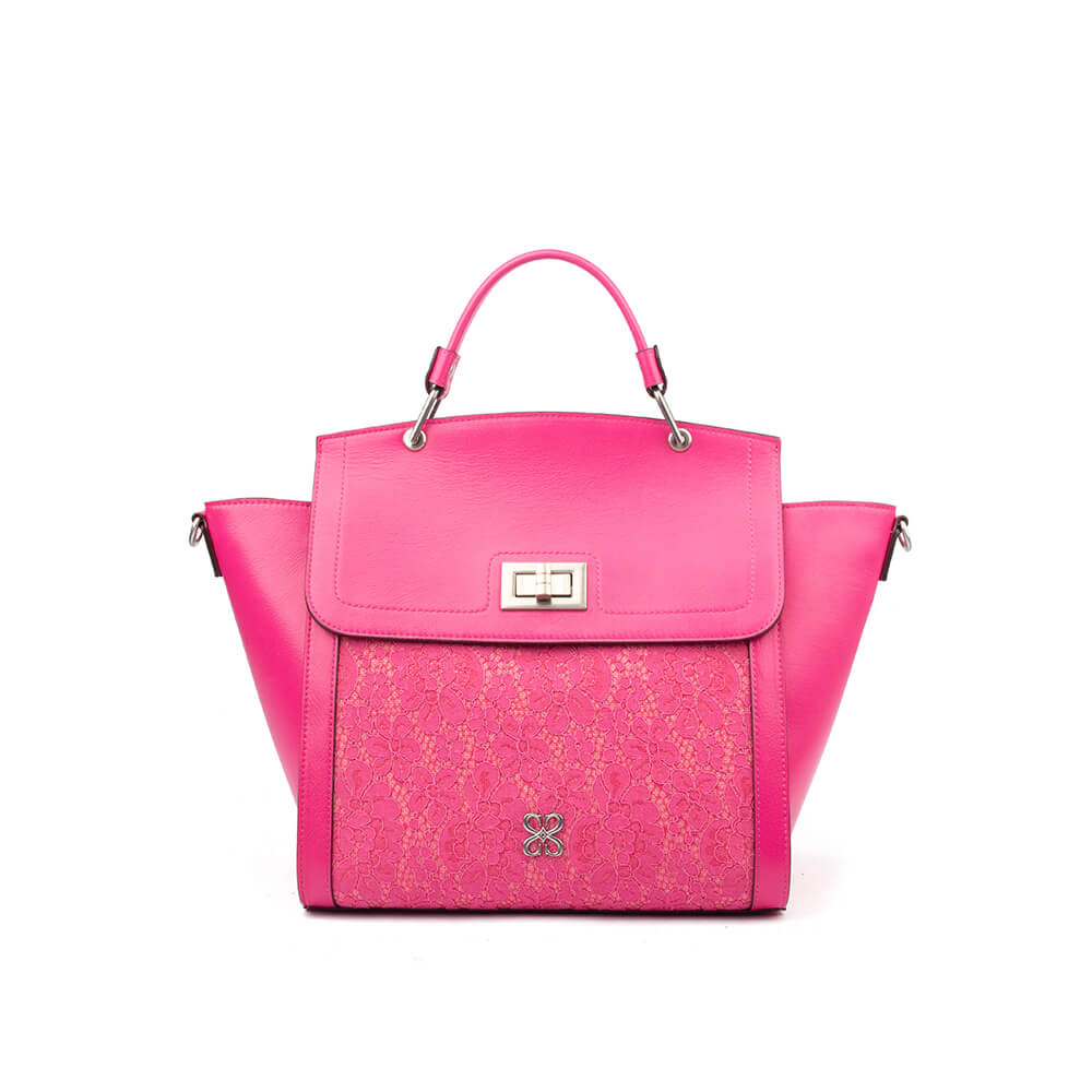 Large leather and lace winged tote in fuchsia rose with silver turn-lock closure