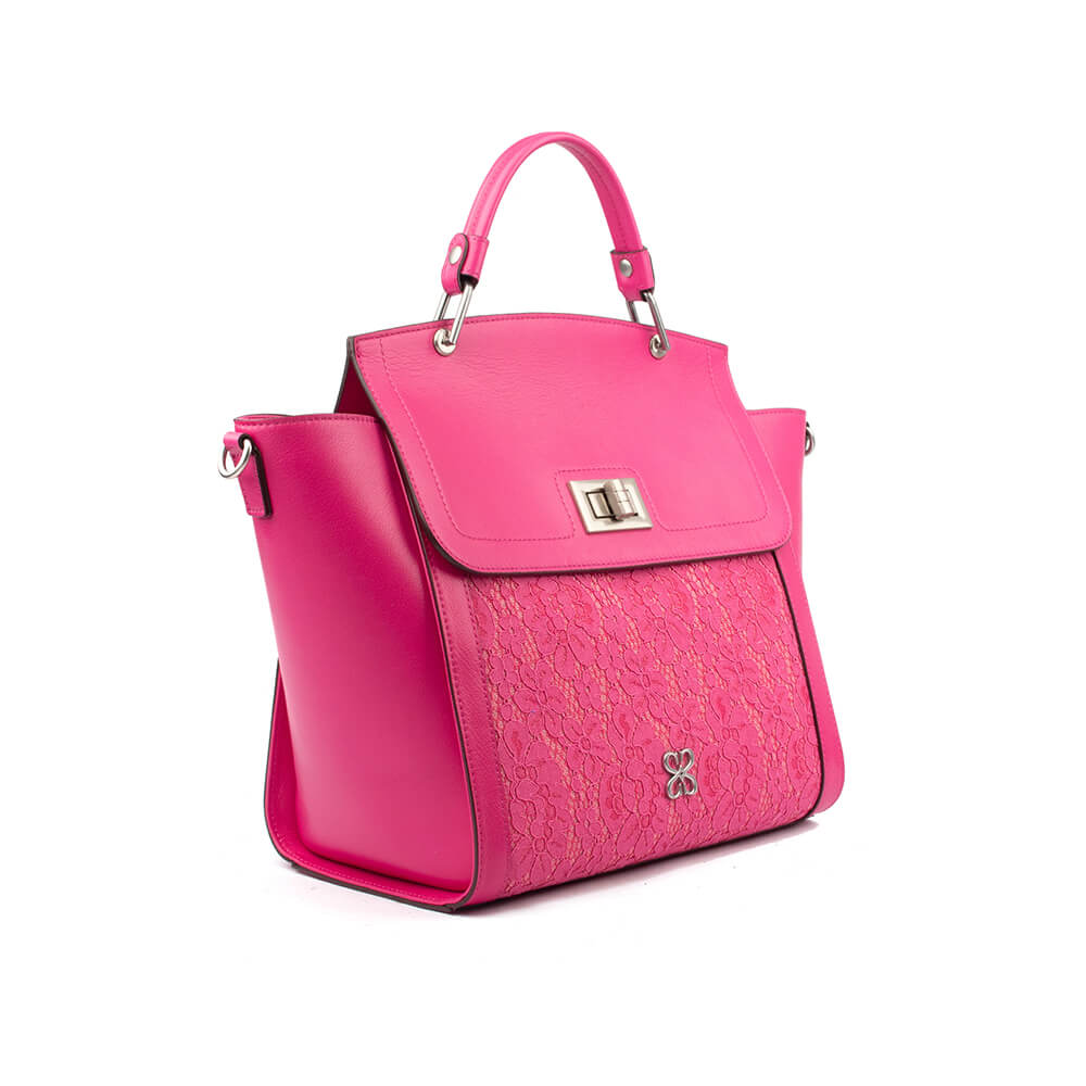 Women's hot pink structured leather tote with floral lace front pocket