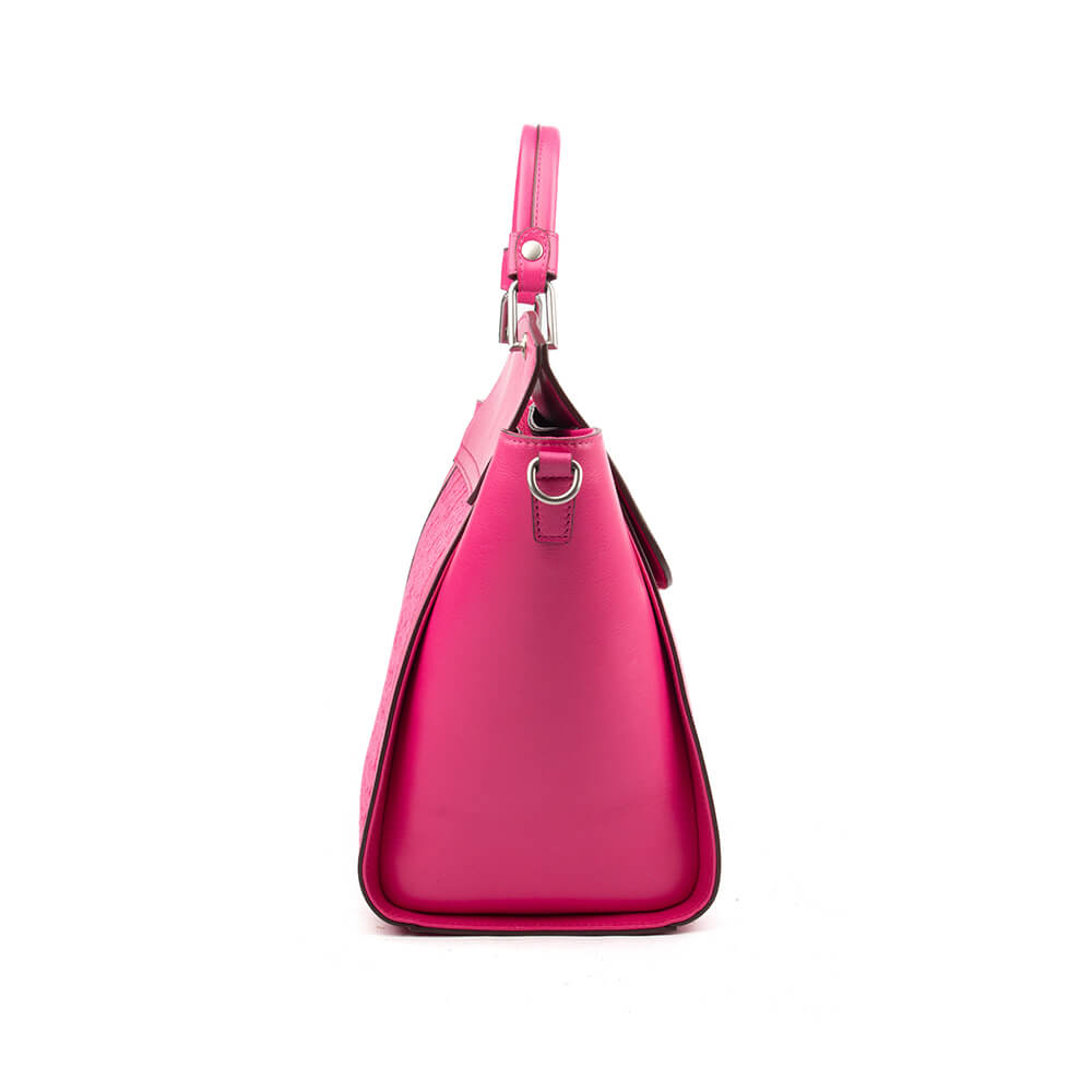 Fuchsia rose oversized tote bag with lace overlay and silver hardware detail
