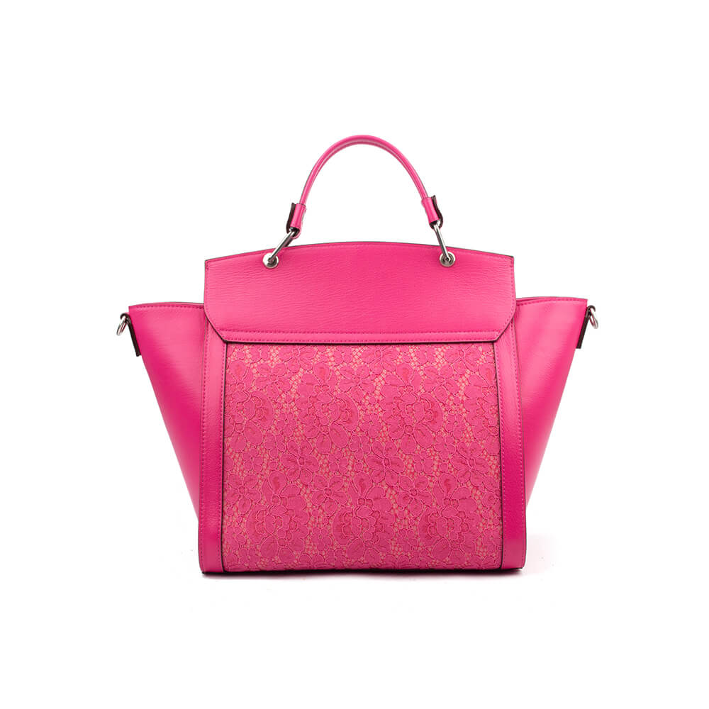 Women's bold pink leather winged tote with flap closure and logo emblem