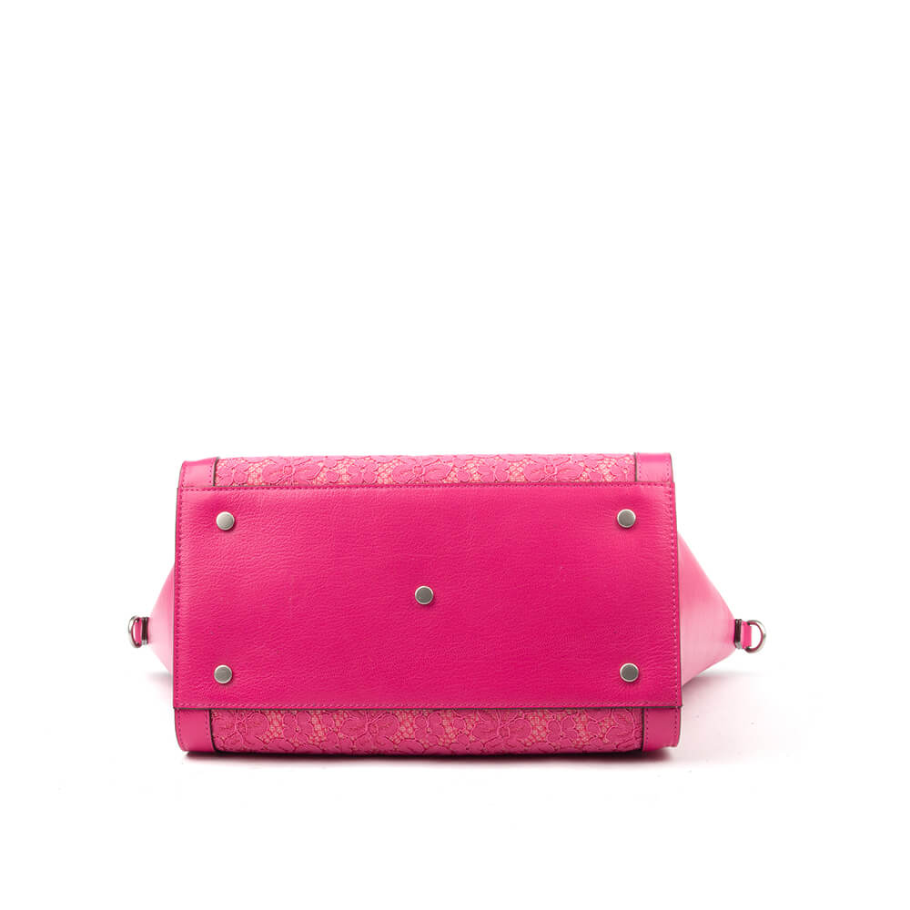 Hot pink pebbled leather large tote with lace pocket and crossbody strap