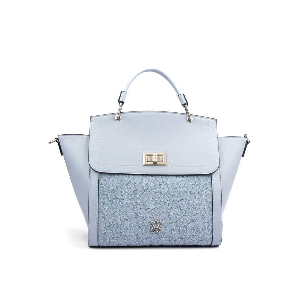 Large leather and lace winged tote in powder blue with gold turn-lock closure