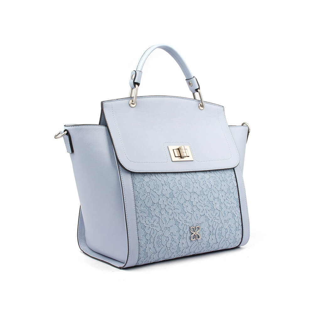 Women's light blue structured leather tote with floral lace front panel