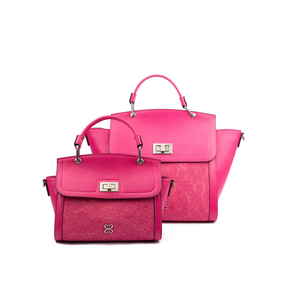 Fuchsia rose winged leather bag with floral lace overlay — front view