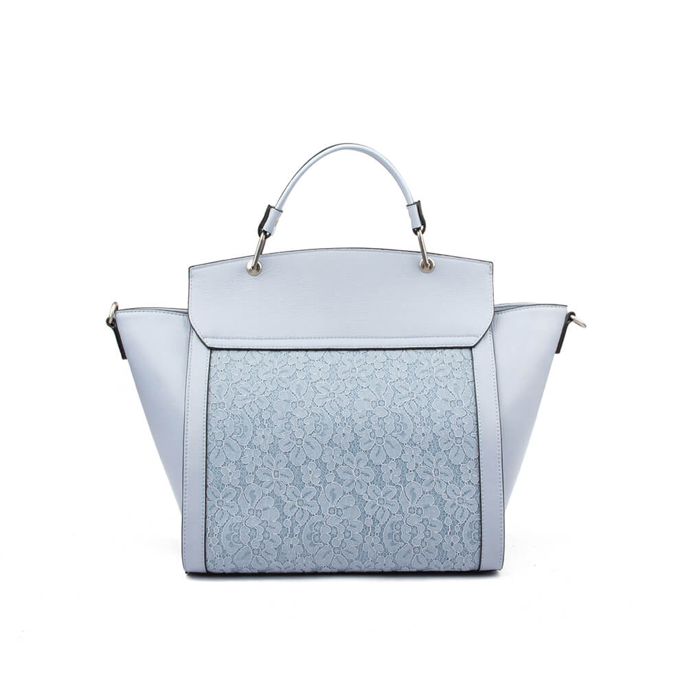 Women's large blue leather satchel tote with flap closure and logo emblem