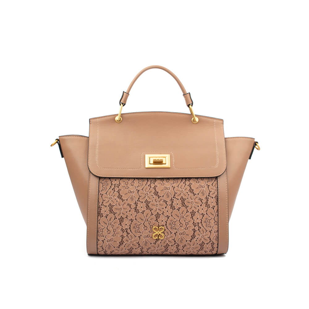 Large leather and lace winged tote bag in warm sand with gold turn-lock closure
