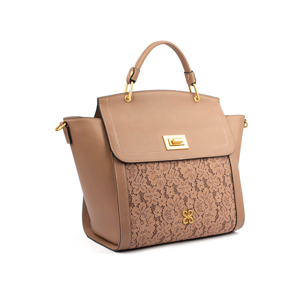 Women's structured leather tote with floral lace front pocket and gold hardware