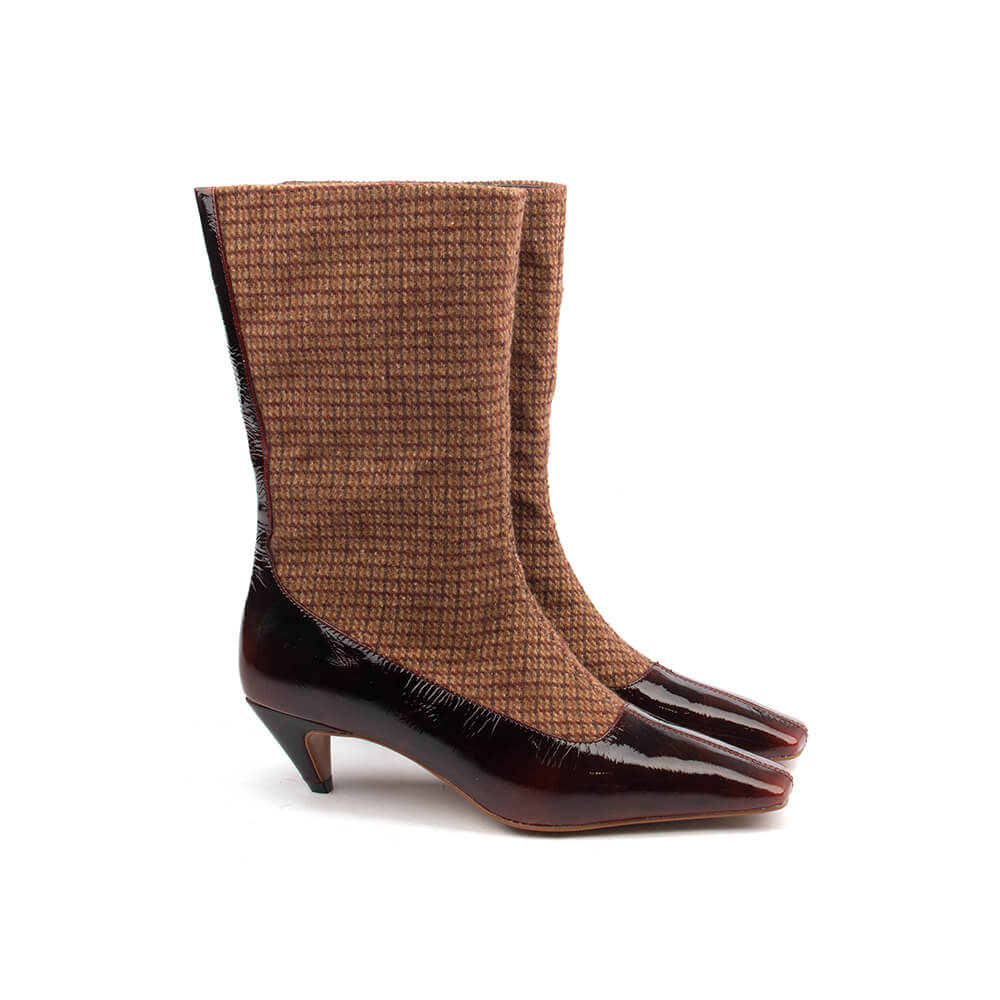 Mixed-media camel tweed burgundy patent toe cap boots women
