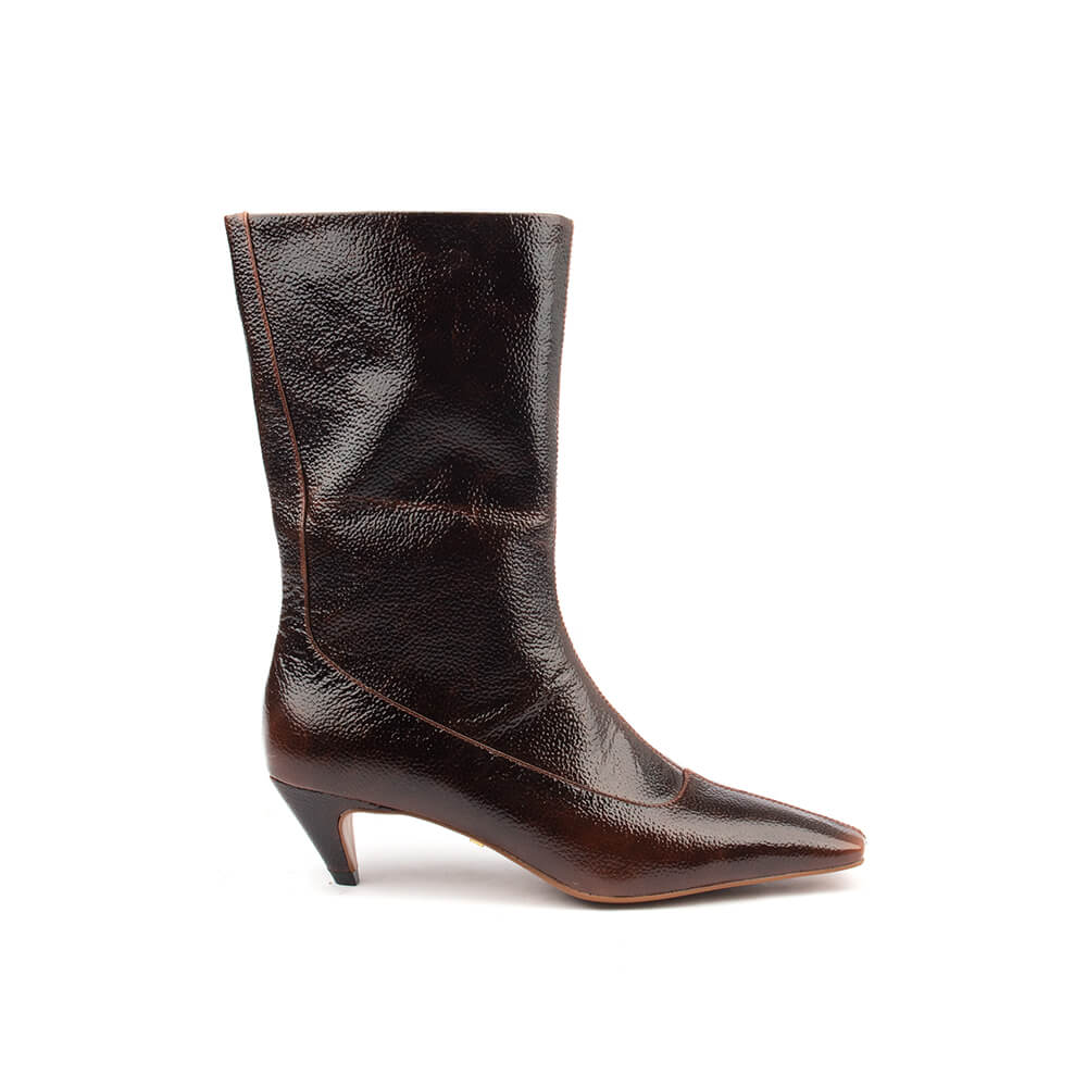 Women's dark brown patent leather kitten heel mid-calf boots pair