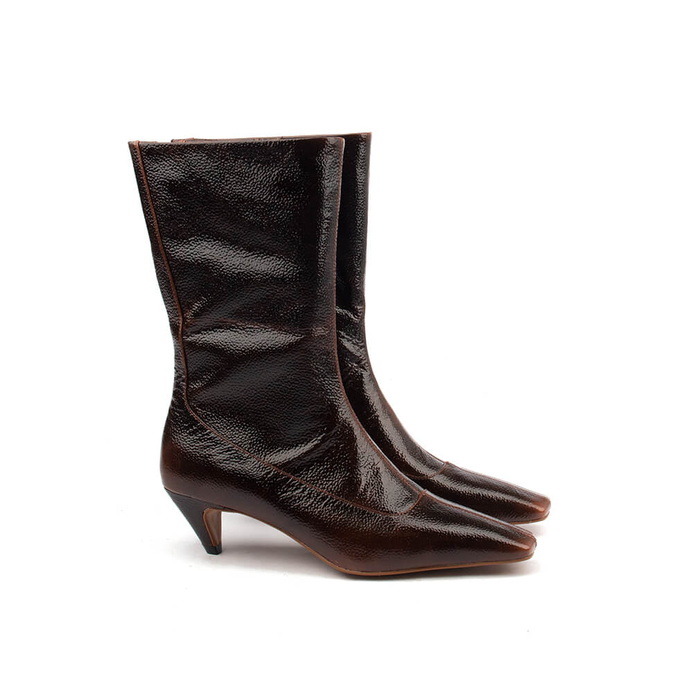 Chocolate gloss leather square toe boots women side view