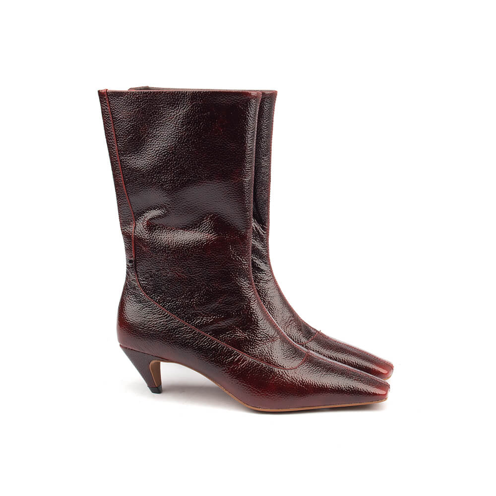 Burgundy glossy leather square toe boots women side view